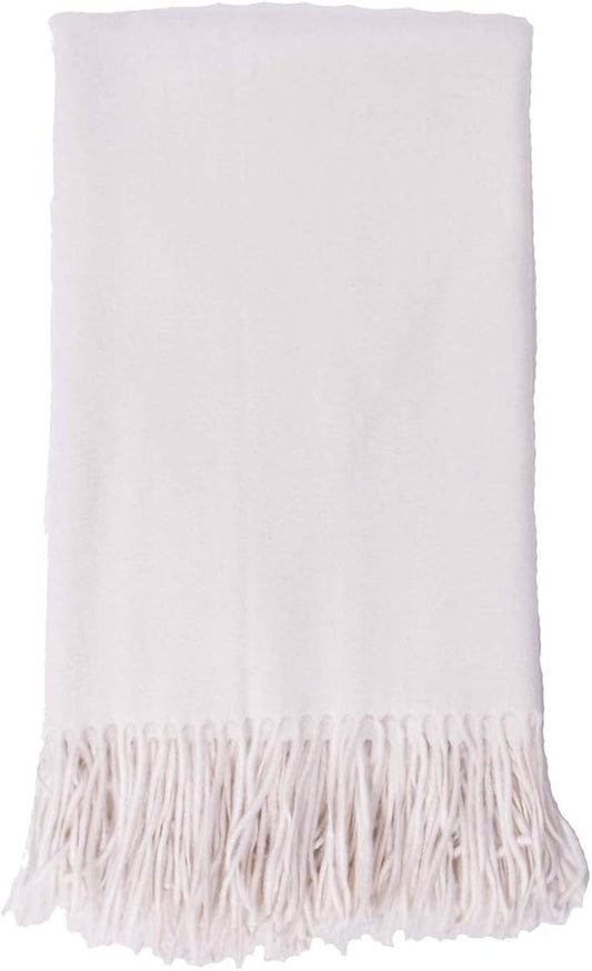 Alashan Cashmere Blend Ripple Finish Woven Throw - White Cashmere Throw Blanket - Soft Solid