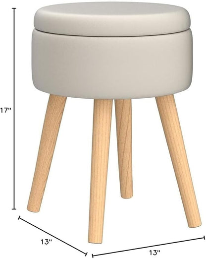 Mxfurhawa Storage Ottoman Linen Round Vanity Stool Tray Top Modern Foot Stool with Wood Legs Multifunctional Upholstered Foot Ottoman Rest for Living Room, Bathroom, Makeup (White)
