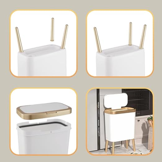 Procade Bathroom Trash Can with Lid, Plastic Garbage Can with Legs, 4 Gallon Gold Trash Bin with Push Button, Narrow White Trash Can Waste Basket for Bedroom, Living Room,Office，Dog Proof Trash Bin