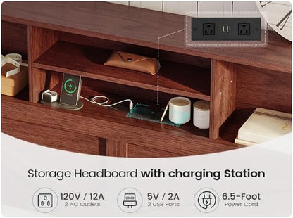 AOGLLATI Farmhouse King Bed Frame Bed Frame with 4 Storage Drawers and Led Lights, Wooden King Bed with Hidden Space Bookcase Headboard and Led Lights & Metal Slats, Mahogany