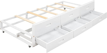 Platform Bed with Storage Headboard, USB, Twin Size Trundle and 3 Drawers, Full Size, White Color