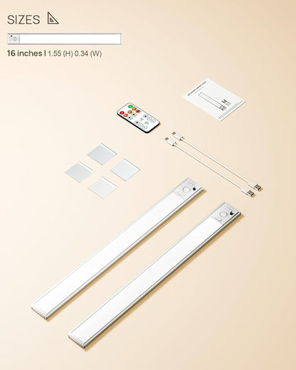 16in Under Cabinet Lighting with Remote, 160 LED Motion Sensor Light Indoor, 4000mAh USB Rechargeable Closet Lights, 3 Color Temps Wireless Under Counter Lights for Kitchen, Pantry, Stair, 2 Pack