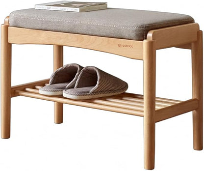Solid Wood Shoe Bench, Shoe Rack Bench Assembled with Gray Cushion for Entryway, Hallway, Bedroom, Living Room, 11.8" x 23.6" x 16.5", Beech Wood, Natural