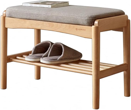 Solid Wood Shoe Bench, Shoe Rack Bench Assembled with Gray Cushion for Entryway, Hallway, Bedroom, Living Room, 11.8" x 23.6" x 16.5", Beech Wood, Natural