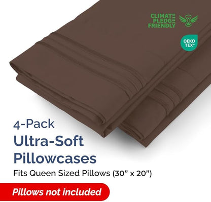 Queen Pillow Cases Set of 4 - Ultra Soft Hotel Quality Pillowcase Covers - Comfy, Cozy & Wrinkle Free - Shrinkage, Stain and Fade Resistant - Machine Washable Pillow Protectors - 4 Piece Set - Brown