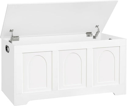 DINZI LVJ Storage Chest, 39.4” Wooden Toy Box with 2 Safety Hinges, Entryway Shoe Bench with Flip-Top, Sturdy Large Storage Trunk for Living Room, Bedroom, Playroom, Easy Assembly, White
