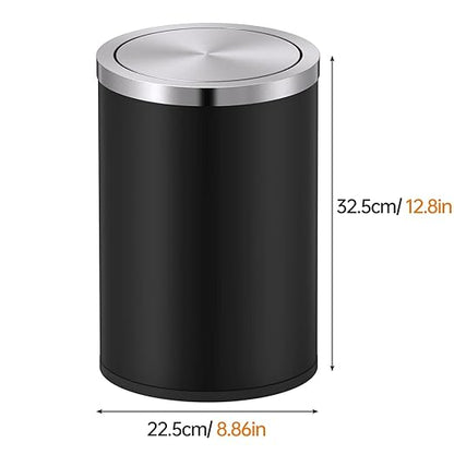 Mbillion Small Trash Can with Swing Lid 4 Gallons/15 Liter, Mini Trash Can with lid, Stainless Steel Cylindrical Garbage Can for Home and Office, for Ground and Desktop(Black)