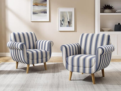 VANOMi Mid-Century Accent Chair with Stripe Pattern, Modern Linen Fabric Armchair with Wood Legs, Club Chair for Living Room, Comfy Upholstered Side Chairs for Bedroom, Reading, Small Place (Navy)