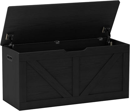 Timberer 39.4" Storage Chest, Wooden Storage Bench, Large Storage Trunk with 2 Safety Hinges, Entryway Shoes Bench for Living Room, Bedroom, Black