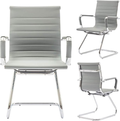 Wahson Office Guest Chairs Set of 8, Leather Reception Chairs, Mid Back Waiting Room Chair, Conference Chairs with Sled Base, Desk Chair No Wheels for Meeting/Lobby/Restroom, Grey