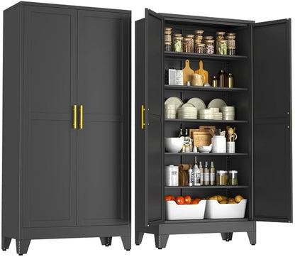 75" Metal Kitchen Pantry Cabinet,Black Storage Cabinet with Doors and 5 Adjustable Shelves, Cabinet with 2 Metal Handles,Tall Cabinet for Livingroom,Pantry, Bathroom,Kitchen