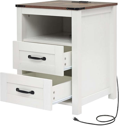 Puntogen White Night Stand, Rustic End Table with Charging Station, Farmhouse Tall Nightstand for Bedroom, Drawer Dresser Bedside Table with Open Storage Shelf