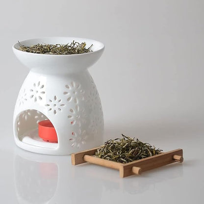 Ceramic Tea Light Holder, Aromatherapy Essential Oil Burner, Wax Warmer, Tealight Holder with White Floral Pattern for Home Decoration, 2PCS