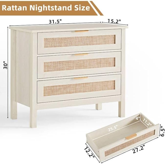 LEYAOYAO 31.5" Wide Rattan Night Stand, Large Boho Nightstand, Bedside Table with Storage, Tall Bed Side End Tables, Chest of Drawers for Bedroom, Living Room, Hallway（Grey,3 Drawers,2）