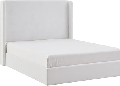 King Size Upholstered Bed Frame, 52.3" High Headboard Carmen Wingback Bed Frames, Tall Headboard Floor Platform Beds, No Box Spring Needed No Noise Minimalist Coconut Micro Suede, White