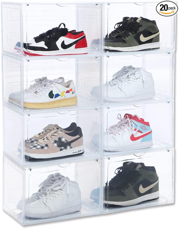 8 PACK XL Shoe Storage Box,Drop Side Sneaker Display Case,Shoe Boxes Clear Plastic Stackable 13.4”x 10.6”x 8.3” Fit up to US 13 (Clear 8Pack)