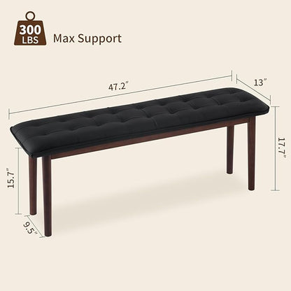 47'' Solid Wood Dining Bench with Cushion, Faux Leather Upholstered Bench for Dining Room Table, Kitchen, Entryway, or Bedroom End of Bed, Black
