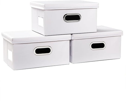 PRANDOM Collapsible Storage Box with Lid [3-Pack] Leather Fabric Foldable Storage Bin Organizer Container Basket Cube with Cover for Home Bedroom Closet Office Nursery White(13.6x9.6x6.9)