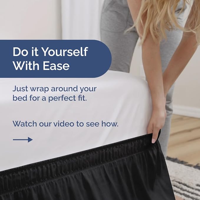 Wrap Around Dust Ruffle Bed Skirt - Black - for Twin Size Beds w/ 14 Inch Drop - Easy Fit Elastic Strap - Adjustable Pleated Bedskirt w/Brushed Fabric, Wrinkle & Fade Free Women, Men, Kids & Teens