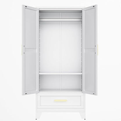 COFaR 71 Farmhouse Metal Wardrobe Closet with Hanging Rod, 2 Barn Doors, Adjustable Shelves, Steel Armoire with Drawer for Home, Bedroom White