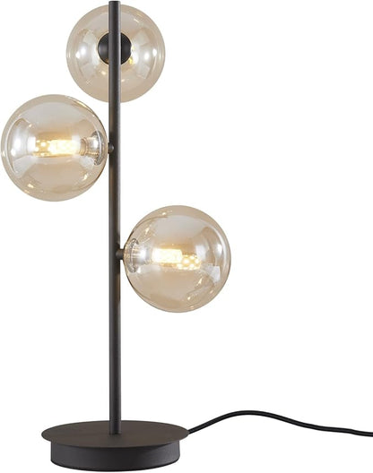 Mid Century Modern 3 Lights Globe Table Lamp Contemporary Minimalist Tall Bedside Desk Lamp Farmhouse Cognac Glass Nightstand Lamps Vintage Reading Light for Bedroom Living Room MTL03-B