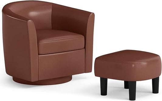 Giantex Swivel Small Accent Chair with Ottoman, Modern Faux Leather Barrel Club Chair w/Footrest, Removable Seat Cushion, Swivel Single Sofa Arm Chair for Living Room, Bedroom, Office (Brown)