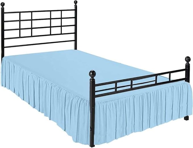 Light Blue Solid Ruffled Bed Skirt Twin-16 Inch Drop Split Corner, Microfiber Bedskirt with Platform Three Sided Coverage