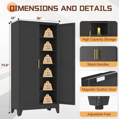 75" Metal Kitchen Pantry Cabinet,Black Storage Cabinet with Doors and 5 Adjustable Shelves, Cabinet with 2 Metal Handles,Tall Cabinet for Livingroom,Pantry, Bathroom,Kitchen