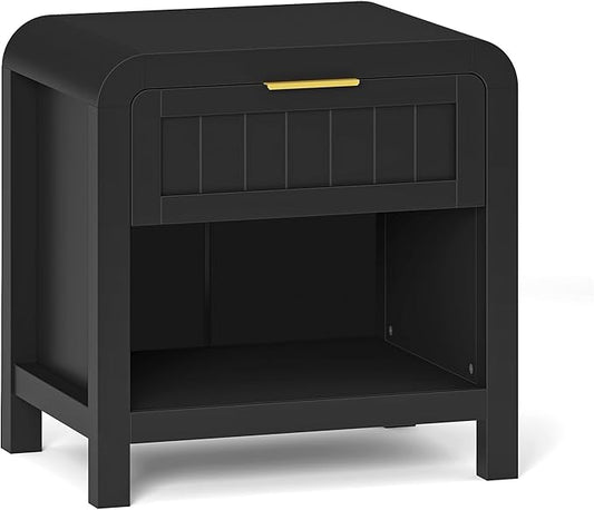 IKENO Wood Nightstand with Storage Drawer, 21" Wide Night Stand with Curved Profile Design, Bedside End Table for Bedroom, Living Room, Closet (1, Black, 1 Drawer)