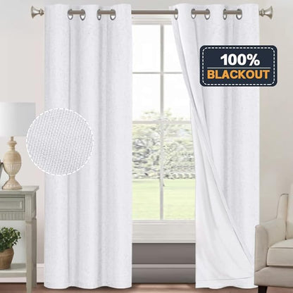 PrinceDeco Blackout Curtains 84 inch Length 2 Panels Set 100% Blackout Curtains for Bedroom Living Room Linen Textured Curtains with White Liner Grommet Room Darkening Curtains, Pure White,W42 X L84
