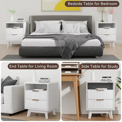 White Nightstand with 2 Drawers, 18" Modern Night Stand with Faux Marble Top, Open Storage Shelf, Fluted Bedside Table for Bedroom, End Table Side Table