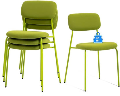 Stackable Chairs Indoor Set of 4, Dining Chair Ser for 4, Armless Stacking Chairs with Sturdy Metal Legs for Living Room, Office Chair for Guest, Green.