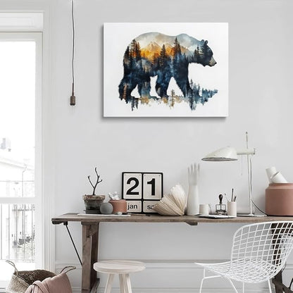 Forest Landscape Inside Bear Canvas Wall Art Framed Painting Watercolor Wildlife Wall Decor Artwork Print Poster Nature Mountain Silhouette Sunset for Living Room Home Office Cabin Decor 16x24 Inches