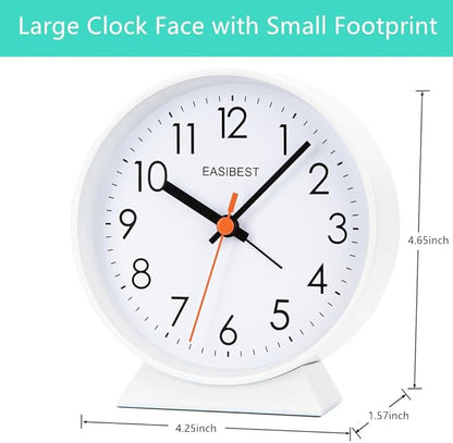 No Ticking Silent Alarm Clock,Easy to Read and Use,Ascending Sound,1 AA Battery Operated,Snooze Light,Bedside Desk Clock,White