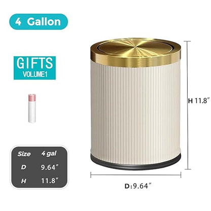 4 Gallon Bathroom Trash Can with Swing Lid, Large Gold White Garbage Can, Fancy, Big Leather Waste Basket, for Girls Bedroom Kitchen Powder Room (15L White)