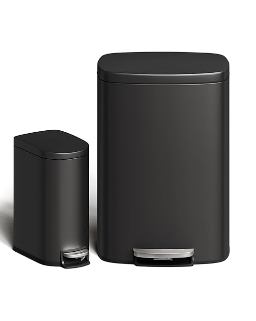 GarveeHome 13 Gal & 2.6 Gal Trash Can Combo Set, Kitchen Trash Can and Bathroom Trash Bin with Lid, Step-On Rustproof Garbage Bin with Inner Bucket, Black