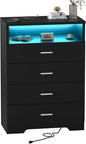 Dresser with Power Outlets and LED Lights Wooden 4 Drawer Dresser with Large Organizer Tall Black Drawer for Bedroom Modern Chest of Drawers Closet for Living Room Kids Room