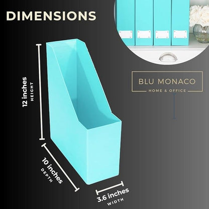 BLU MONACO Set of 6 Aqua Magazine File Holders | Foldable Magazine Storage Boxes with White Leather Label Holders | Vertical File Organizer for Desk, Shelves & Home Office