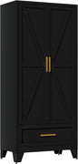 Metal Armoire Wardrobe Closet,71" Tall Black Storage Cabinet with Hanging Rod,2 Drawers & Adjustable Shelves,Heavy-Duty Steel Wardrobe for Bedroom, Garage, and Office