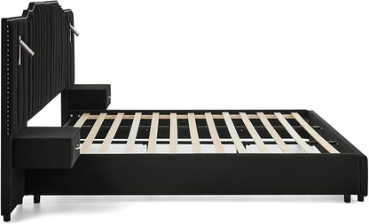 King Size Bed Frame with Storage, Luxury King Platform Bed Frame with Headboard, Velvet Fabric Upholstered Bedframe with LED Lights, Solid Frame & Bedside Table, No Box Spring Needed, Black