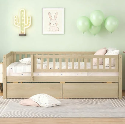 Bellemave Full Size Bed Frames with Rails for Kids, Full daybed Frame with Drawers for Boys/Girls/Adults， Natural