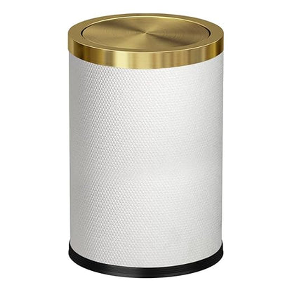 2.4 Gallon Bathroom Trash Can with Lid, Pu Leather Modern Garbage Can, Round Decorative Waste Basket, for Near Desk, Powder, Bedroom, Hotel, Office, Home (9L-Checked White)