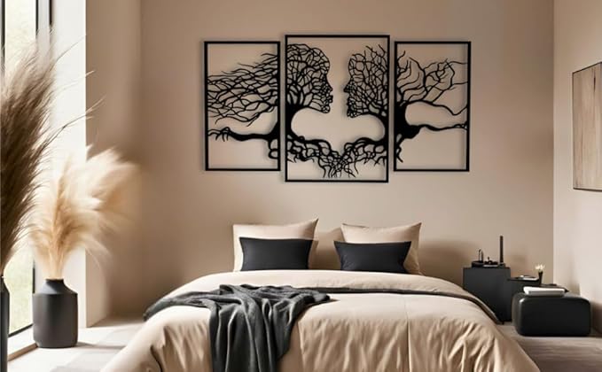 VAILLA Tree of Life Wall Wooden Art Abstract Tree Man Woman Face Large 3D Wooden Wall Decor Set of 3 Hanging Sculpture Modern Home Decoration 3D Textured Sculptures for Living Room Bedroom Office Dinnig Room (71"L x 39"W)