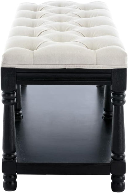 Kmax Storage Entryway Bench Tufted Shoe Rack Bench Black Wood Window Bench for Hallway Entrance Bedroom Corner, Beige