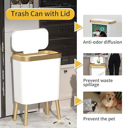 Procade 2Pack Office Trash Can with Lid, Bathroom Garbage Bin with Gold Edge, Modern Pink Trash Can for Bedroom, Slim Waste Basket Plastic Trash Bin for Room,Kitchen, Living Room,Toilet, 4 Gallon