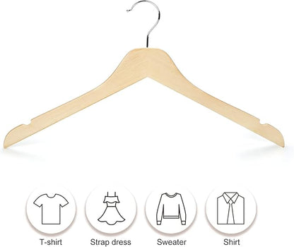 TOPIA HANGER Wooden Hangers 30 Pack, 0.28-inch Slim & Durable Clothes Hangers Space Saving, Natural Wood Hanger with 360°Swivel Hook and Smooth Notches for Coat,Shirts, Camisoles-CT31N