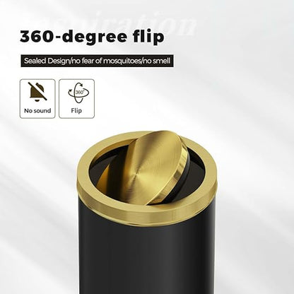 4.7 Gallon/18L Stainless Steel Bathroom Trash Can,Black and Gold Garbage Bin with Swing Lid,Round,Elegant Waste Basket,for Toilet,Kitchen,Living Room,Hotel,Home (18L-Black)