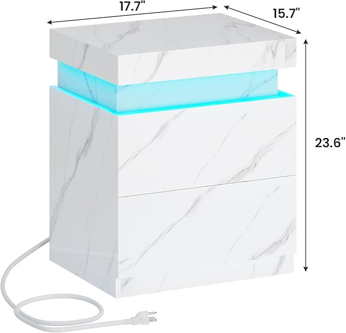 ADORNEVE Nightstand with Charging Station and LED Lights,Night Stand with Sliding Top,Bedside Table with 2 Drawers,Modern End Side Table for Bedroom,White Marble