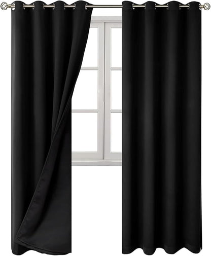 BGment Thermal Insulated 100% Blackout Curtains for Bedroom with Black Liner, Double Layer Full Room Darkening Noise Reducing Grommet Curtain (52 x 84 Inch, Black, 2 Panels)
