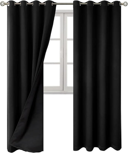 BGment 100% Blackout Curtains 108 Inch Long 2 Panles Set, Thermal Insulated Total Light Locking Soundproof Grommet Curtains & Drapes for Living Room with Black Liner, 52 Inch Wide Each, Black